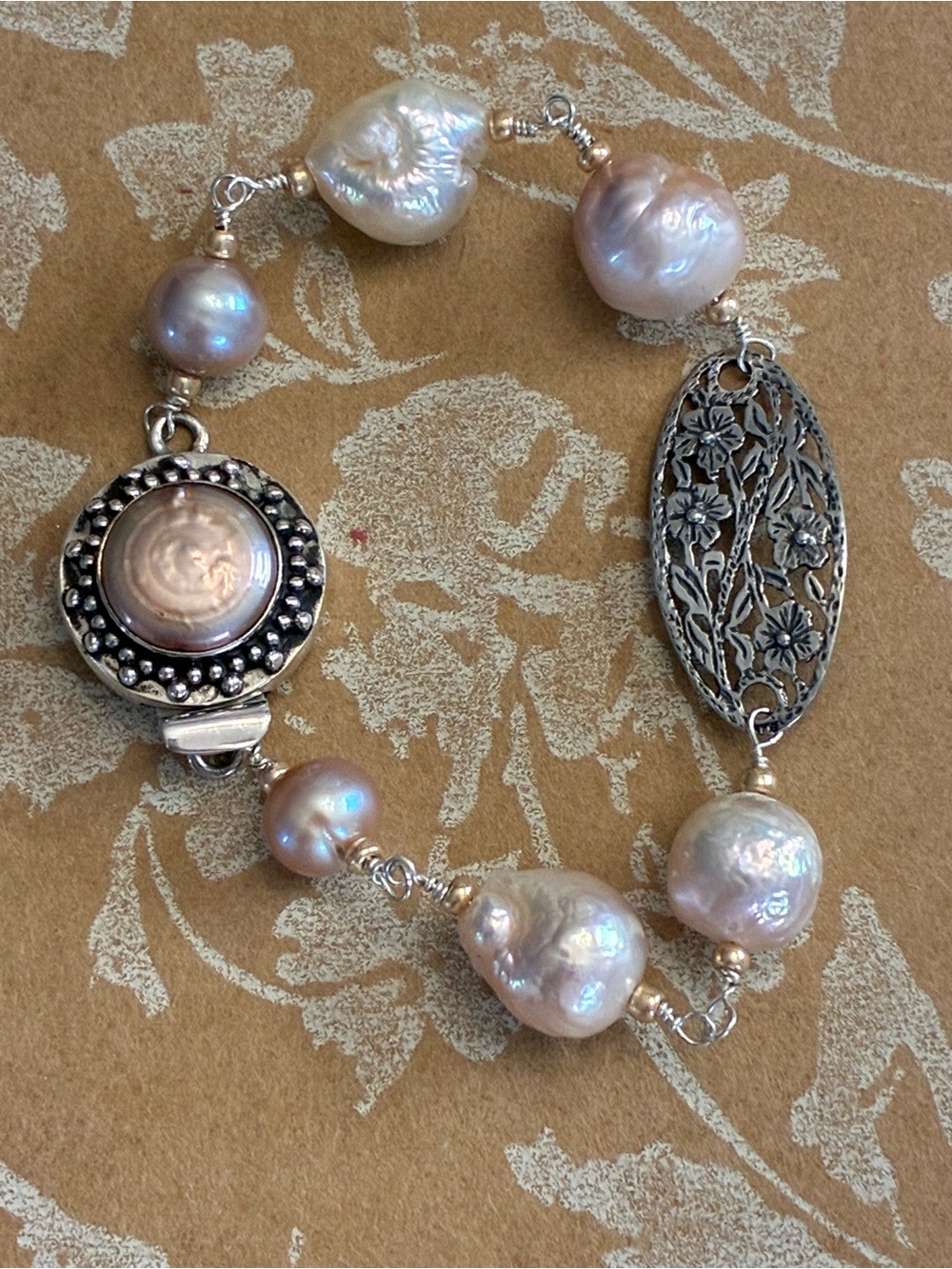 Baroque Freshwater Pearl Bracelet in Soft Pink/Beige & Sterling Silver Accent